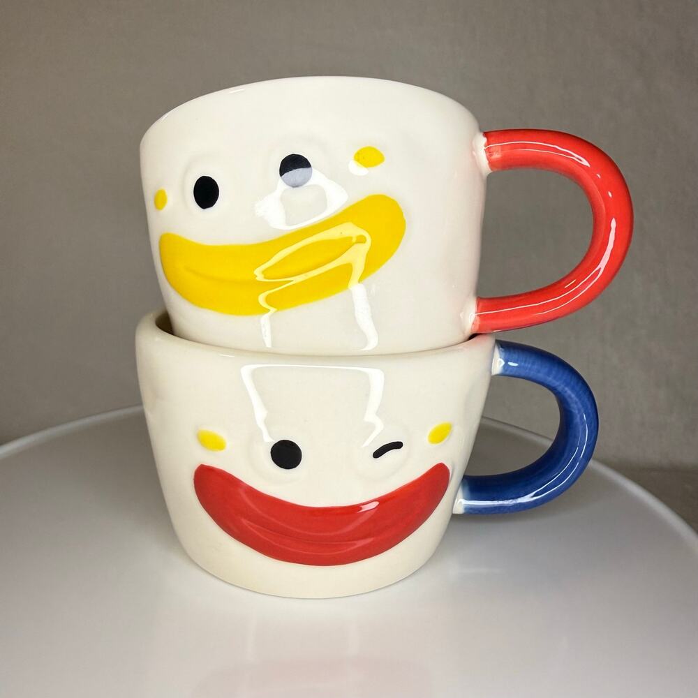 Lucky Genius Smiling Face Ceramic Coffee Mugs Colorful Set of 2